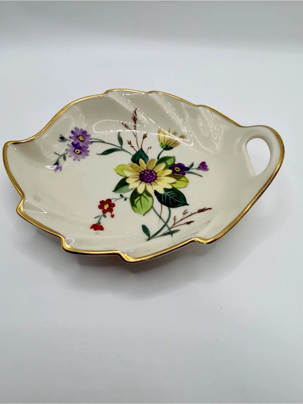 Vintage Pickard China Hand Painted Leaf Trinket Dish Gold Trim USA #228-77
